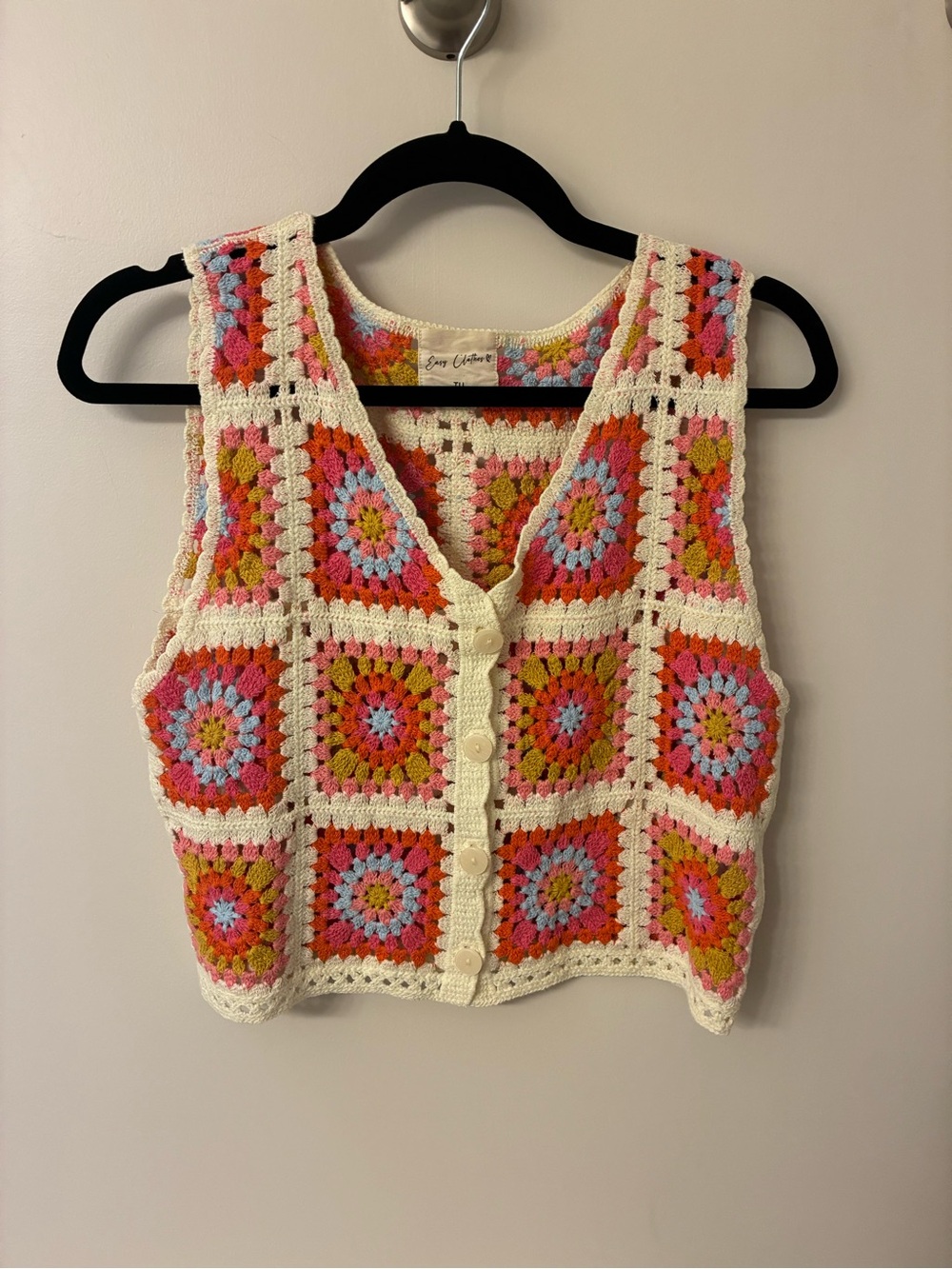 Crochet Button-Front Tank Top in Cream with Pink & Orange Squares